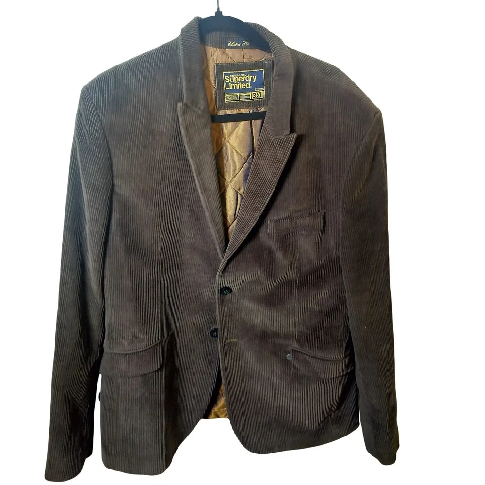 Superdry Limited Mens 3XL Corduroy BlazerJacket Brown Classic Slim QuiltedLining